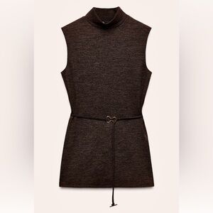 Zara NWT soft pique mock neck knit top Sleeveless Brown top belted metal buckle